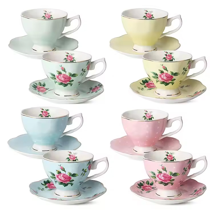 အရိုး floral latte လက်ဖက်ရည်ခွက်နှင့် Saucers နှင့် Saucers အစုံ