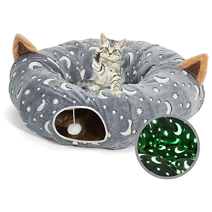 Cushion နှင့် Plush Ball အရုပ်ပါရှိသော Cat Tunnel Bed Tube