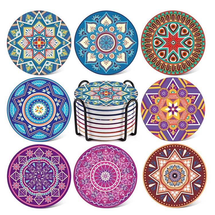 Mandala Style Absorbent Ceramic Drink Coasters အစုံ