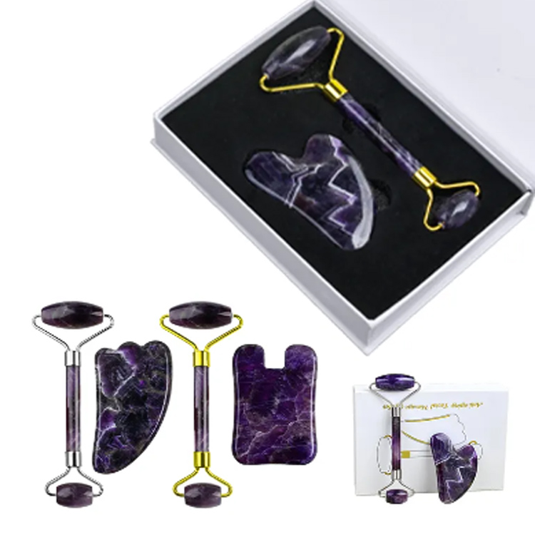 သဘာဝ amethyst Jade roller နှင့် Gua Sha Facial Massager Set